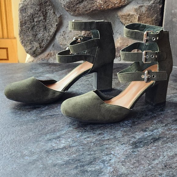Indigo RD. Green Faux Suede Back Zip Buckle Ankle Three Strap Block Heels 5.5M - Picture 3 of 16